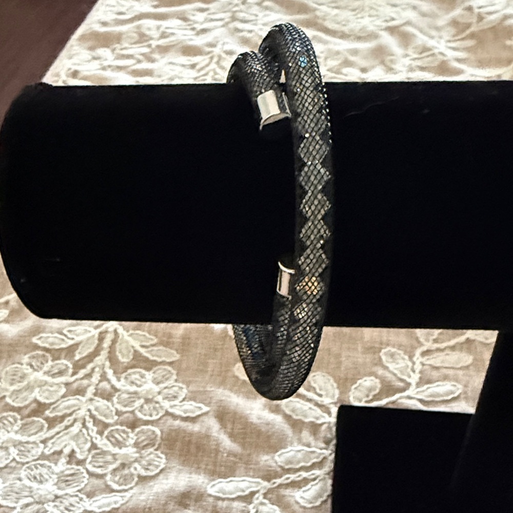 Sparkling Black Mesh Tube Bracelet with Silver Accents